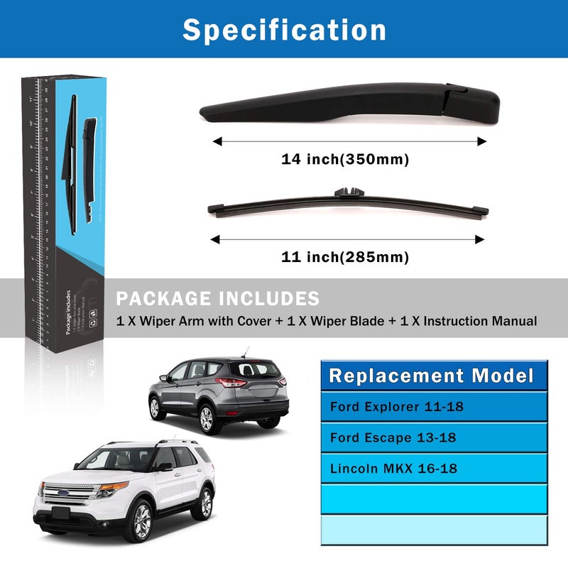 WTI Rear Wiper Arm Blade Set Compatible With Ford Explorer 2011-2019 / Escape 2013-2018 / Compatible With Lincoln MKX 2016-2018 SUV Rear Windshield Window Wiper Kits Assembly New Replacement - Image 5